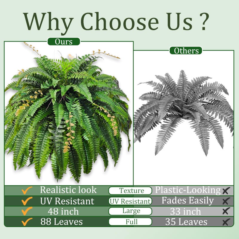 Cherica 2pcs 48in 88 Blades Artificial Boston Ferns for Outdoors Large, UV Resistant Faux Outdoor Plants,Weatherproof Fake Ferns Plants Outdoor Indoor for Garden Porch Patio Home Decor - Image 5