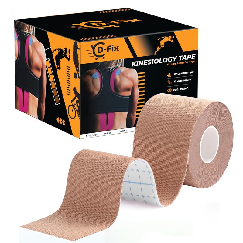 D-Fix شريط كينيسيو (5 م × 5 سم) خالي من اللاتكس وقابل للتنفس لشريط رياضي للإصابات، دعم العضلات، تخفيف الألم، دعم المفاصل والعلاج الطبيعي - بيج - Image 1