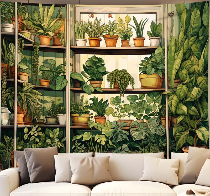 QGHOT Plant Tapestry, Green Botanical Tapestry Wall Hanging, Vintage Plants Wood Shelf Tapestries for Bedroom Window Classroom Living Room Cottagecore Potted Plant Photo Backdrop (A,80x60 in) - Image 1