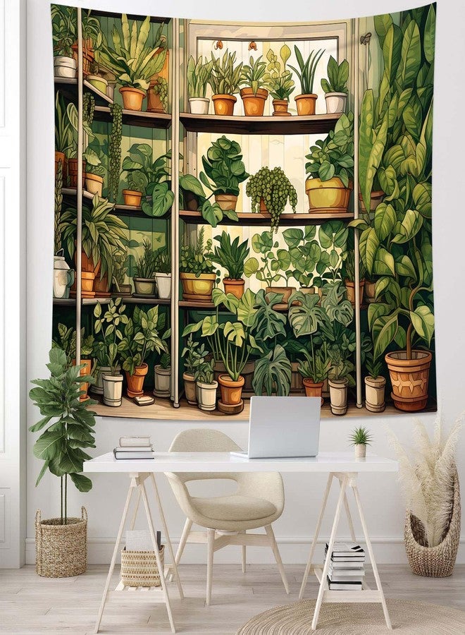 QGHOT Plant Tapestry, Green Botanical Tapestry Wall Hanging, Vintage Plants Wood Shelf Tapestries for Bedroom Window Classroom Living Room Cottagecore Potted Plant Photo Backdrop (A,80x60 in) - Image 3
