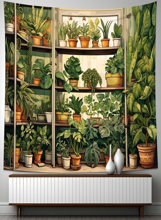 QGHOT Plant Tapestry, Green Botanical Tapestry Wall Hanging, Vintage Plants Wood Shelf Tapestries for Bedroom Window Classroom Living Room Cottagecore Potted Plant Photo Backdrop (A,80x60 in) - Image 2
