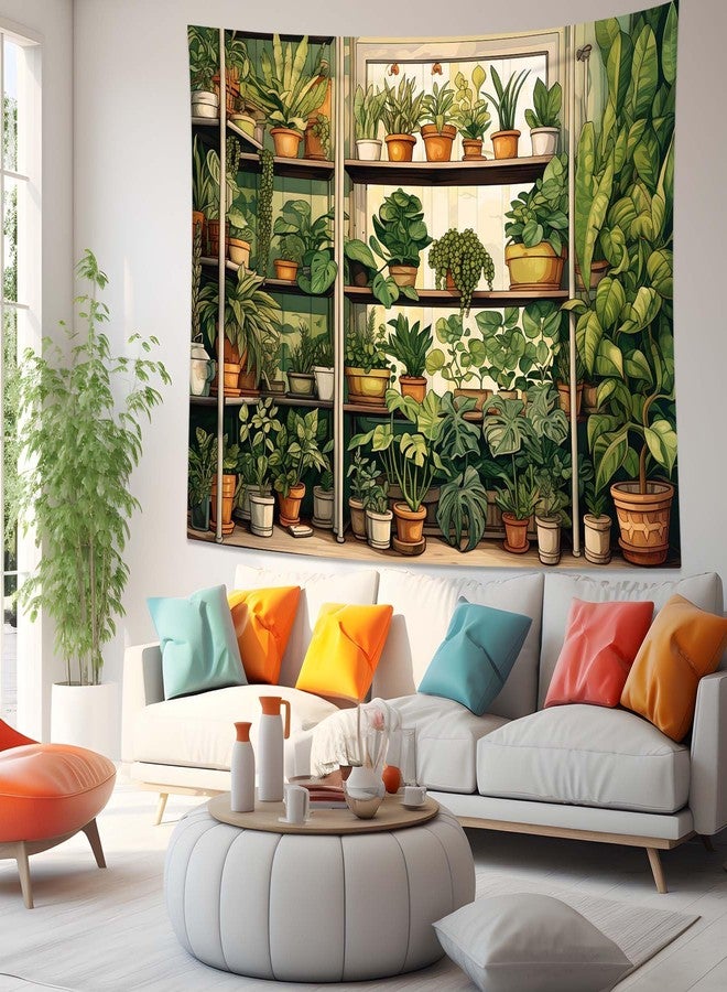 QGHOT Plant Tapestry, Green Botanical Tapestry Wall Hanging, Vintage Plants Wood Shelf Tapestries for Bedroom Window Classroom Living Room Cottagecore Potted Plant Photo Backdrop (A,80x60 in) - Image 4