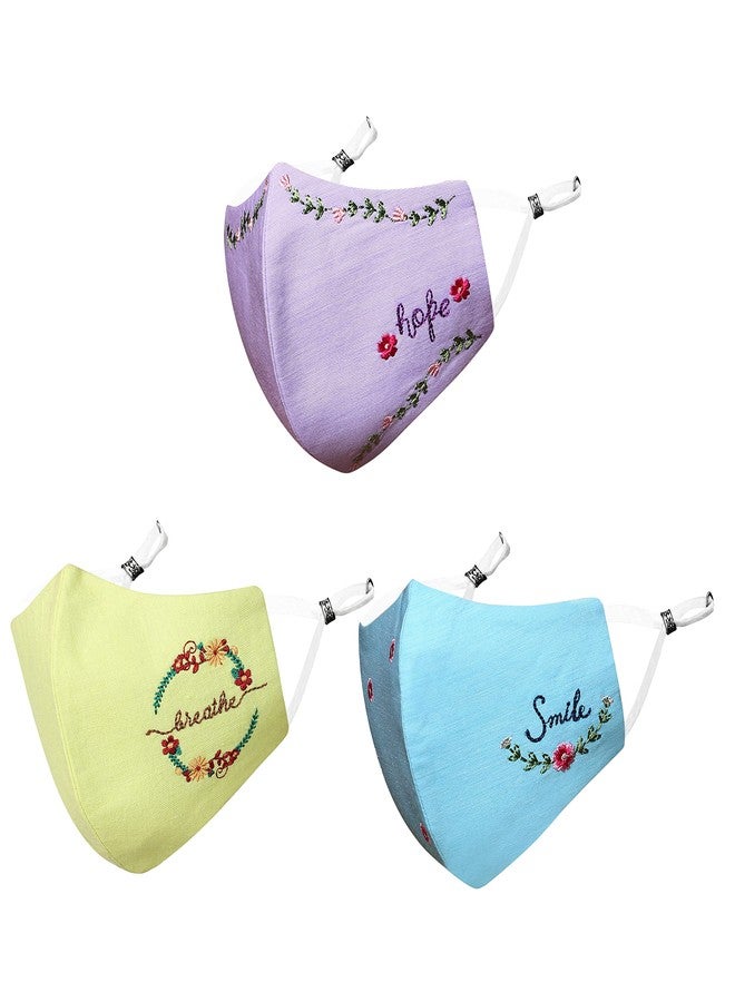 MASQ By Q-One 4 Layer Washable, Reusable, Size Adjustable, Anti-Bacterial (BFE>99%) Embroidered Cotton Cloth Face Mask Combo for Women, Girls with Ear Adjusters, 1 Detachable Chain (Medium-Pack of 3) - Image 1