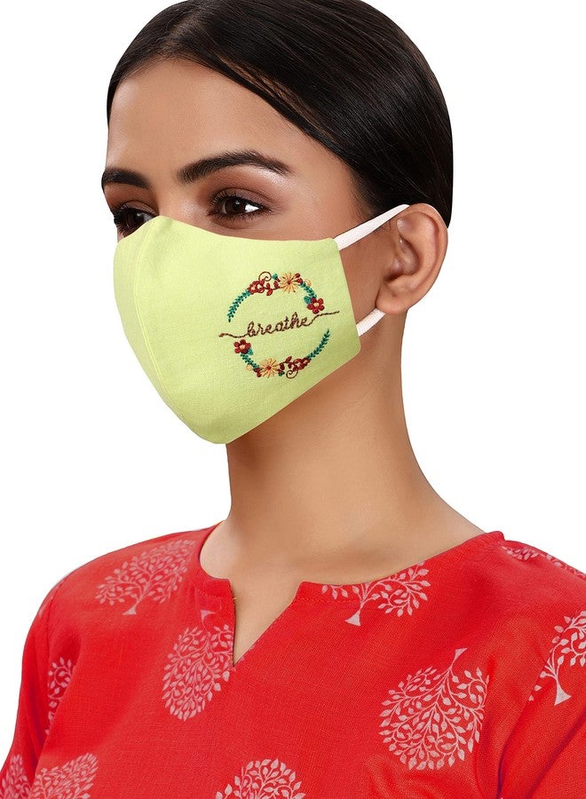 MASQ By Q-One 4 Layer Washable, Reusable, Size Adjustable, Anti-Bacterial (BFE>99%) Embroidered Cotton Cloth Face Mask Combo for Women, Girls with Ear Adjusters, 1 Detachable Chain (Medium-Pack of 3) - Image 2