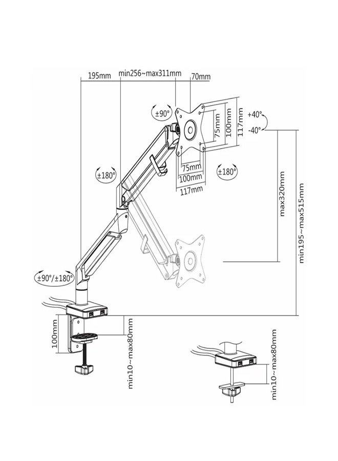 Skill Tech SH100 C013U Single Monitor Gas Spring Aluminum Monitor Arm With USB Port For Most 17"-32" Screens, VESA 100x100, Max Load Capacity 9 Kg - Image 3