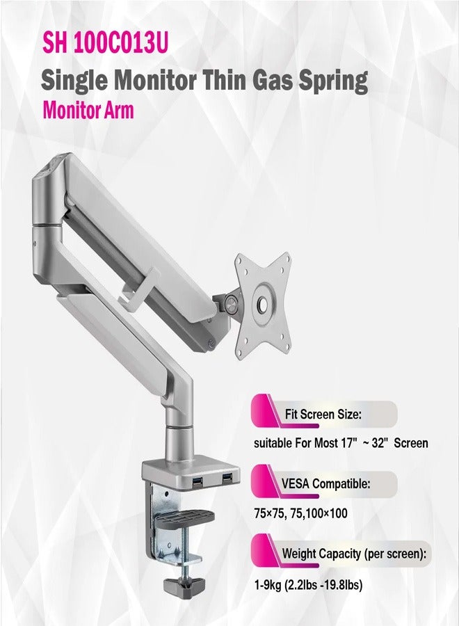 Skill Tech SH100 C013U Single Monitor Gas Spring Aluminum Monitor Arm With USB Port For Most 17"-32" Screens, VESA 100x100, Max Load Capacity 9 Kg - Image 4