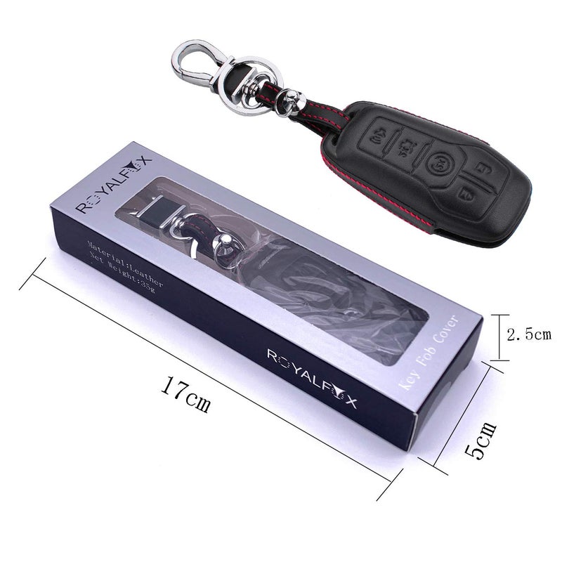 RoyalFox Genuine 5 buttons Leather Key Fob case Cover For Ford Mustang Explorer Taurus F-150,Lincoln MKZ MKC MKX smart key, Car Remote Key Pouch Bag With Key Rings Kit Keychain Holder Metal Hook Black - Image 3