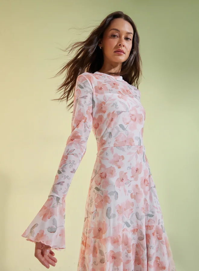 Styli Peach Floral Print Tiered Maxi Dress