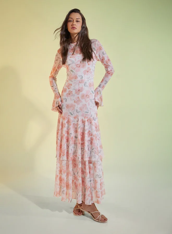 Styli Peach Floral Print Tiered Maxi Dress