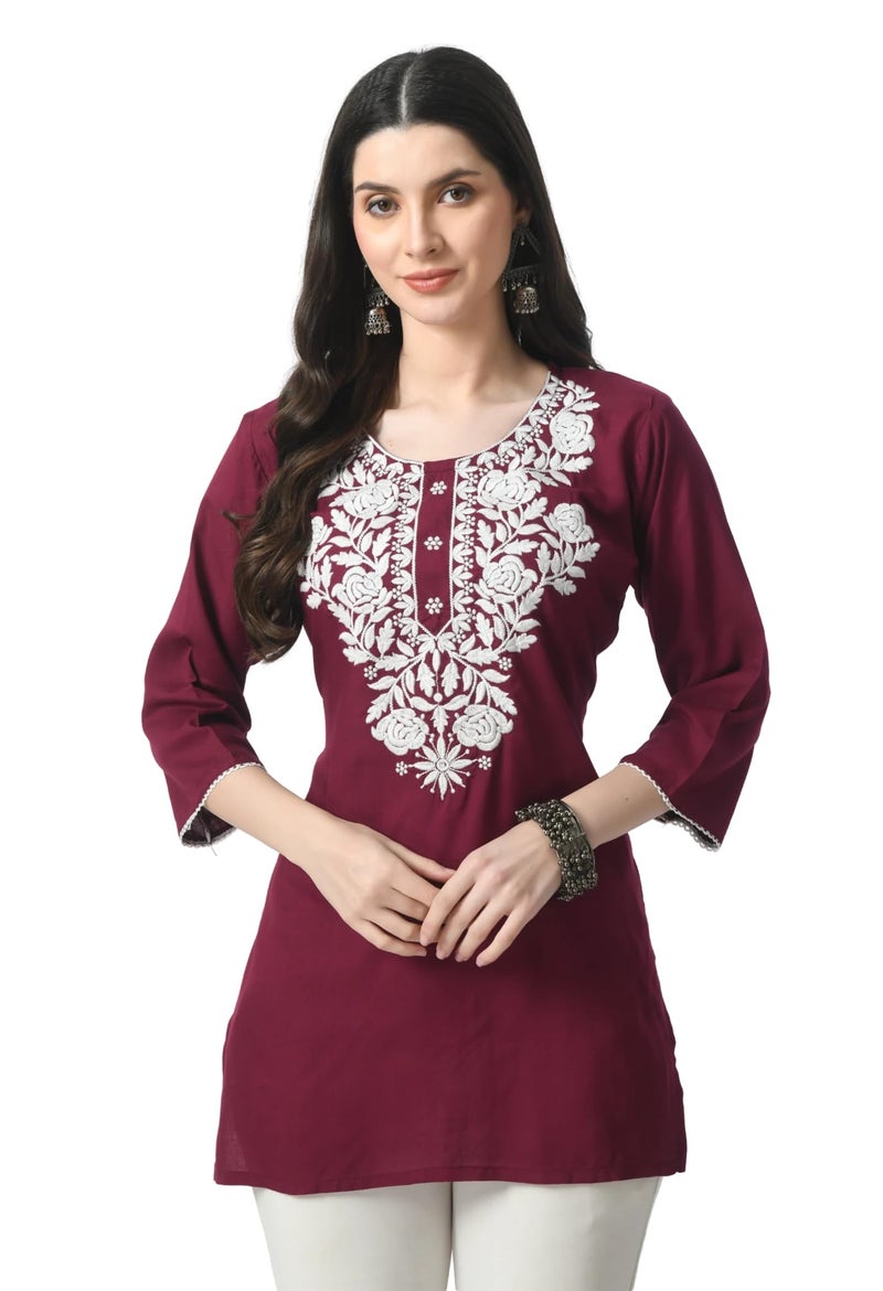 LIBOZA Store LIBOZA Rayon Kurti for Women - Short Chikankari Kurtis for Girls, Lakhnawi Tunic Top Kurta Design for Ladies, Woman Ethnic Kurthis & Shirt with Sleeve (2XL, Purple) - Image 1