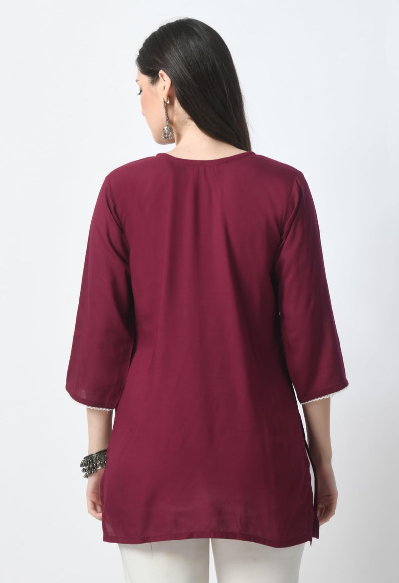 LIBOZA Store LIBOZA Rayon Kurti for Women - Short Chikankari Kurtis for Girls, Lakhnawi Tunic Top Kurta Design for Ladies, Woman Ethnic Kurthis & Shirt with Sleeve (2XL, Purple) - Image 3