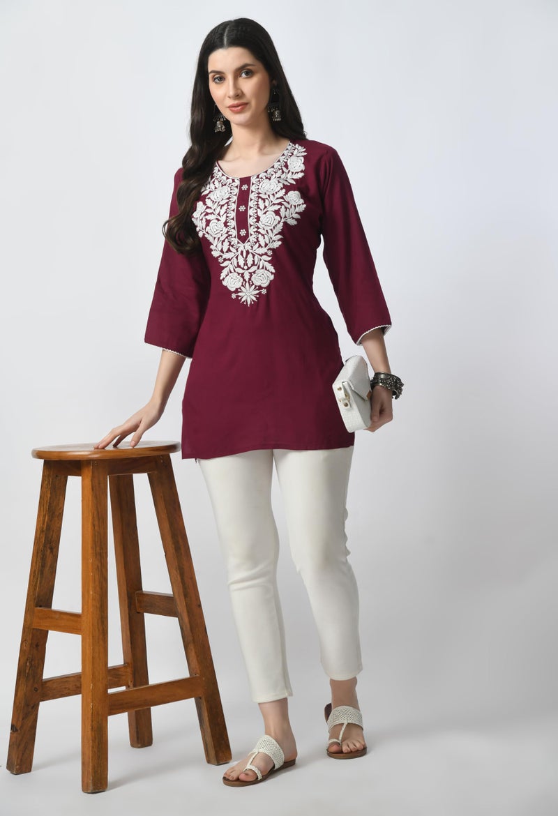 LIBOZA Store LIBOZA Rayon Kurti for Women - Short Chikankari Kurtis for Girls, Lakhnawi Tunic Top Kurta Design for Ladies, Woman Ethnic Kurthis & Shirt with Sleeve (2XL, Purple) - Image 4
