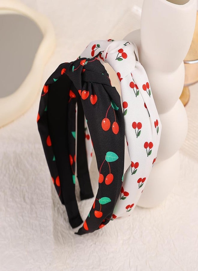BaBakiak Cherry Print Knotted Headband 2PCS, Black and White Knotted Headbands for Women Non Slip Top Knot Hair Band Cross Knot Headband - Image 3
