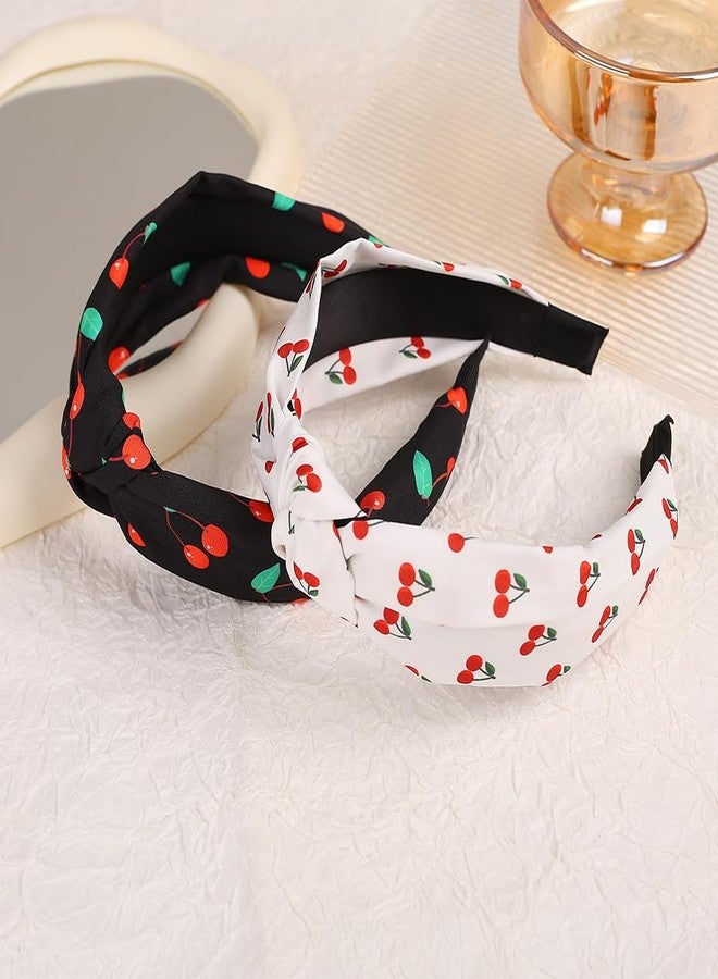 BaBakiak Cherry Print Knotted Headband 2PCS, Black and White Knotted Headbands for Women Non Slip Top Knot Hair Band Cross Knot Headband - Image 2