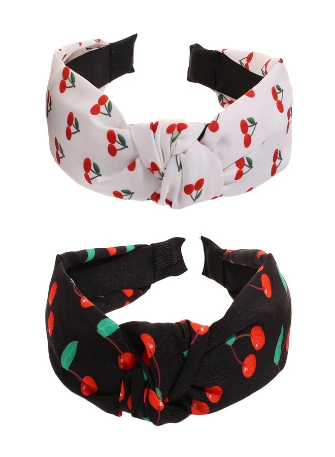 BaBakiak Cherry Print Knotted Headband 2PCS, Black and White Knotted Headbands for Women Non Slip Top Knot Hair Band Cross Knot Headband - Image 1