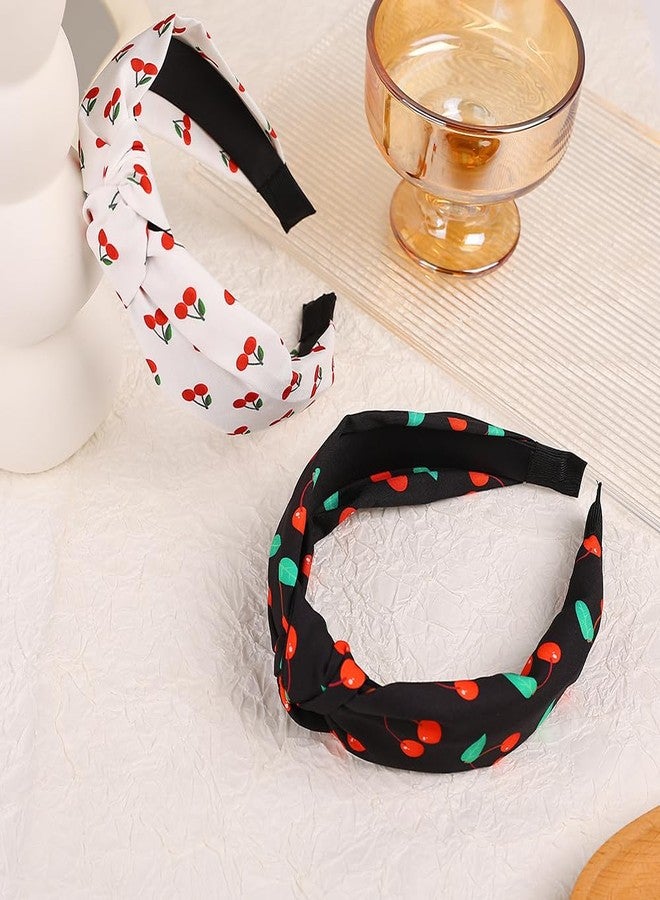 BaBakiak Cherry Print Knotted Headband 2PCS, Black and White Knotted Headbands for Women Non Slip Top Knot Hair Band Cross Knot Headband - Image 4