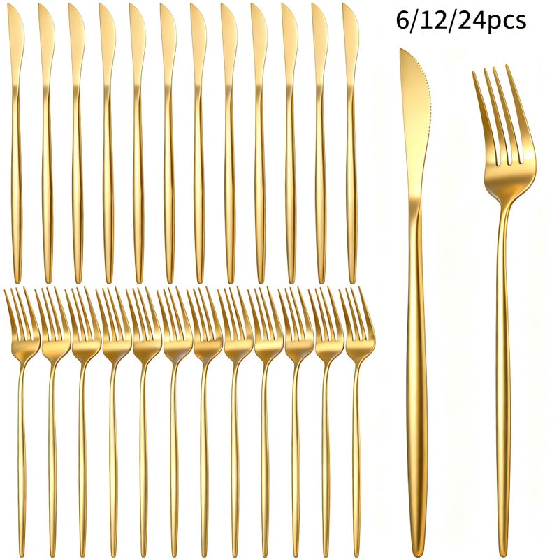 Golden Stainless Steel Steak Knife and Fork Set 6 Pieces Mirror Polished Flatware Dishwasher Safe for Home Restaurant Holiday Use Thanksgiving Christmas Halloween - Image 1