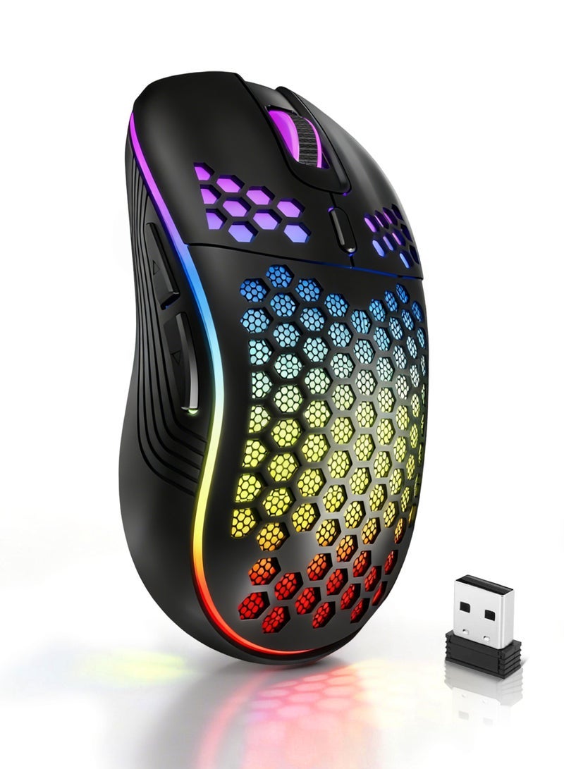 Wireless Gaming Mouse,Bluetooth Gaming Mouse,Rechargeable Wireless Mouse with RGB Backlight 6-Button Adjustable Lightweight Honeycomb Shell for Laptop, PC, Computer (Black) - Image 1