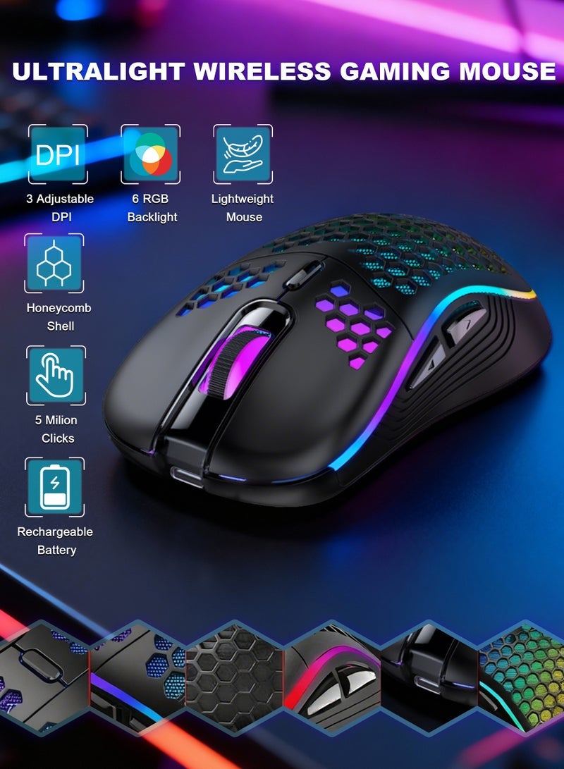 Wireless Gaming Mouse,Bluetooth Gaming Mouse,Rechargeable Wireless Mouse with RGB Backlight 6-Button Adjustable Lightweight Honeycomb Shell for Laptop, PC, Computer (Black) - Image 2