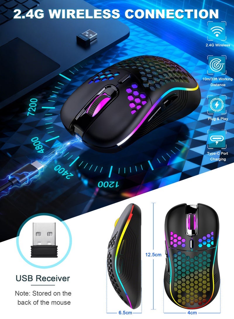 Wireless Gaming Mouse,Bluetooth Gaming Mouse,Rechargeable Wireless Mouse with RGB Backlight 6-Button Adjustable Lightweight Honeycomb Shell for Laptop, PC, Computer (Black) - Image 3