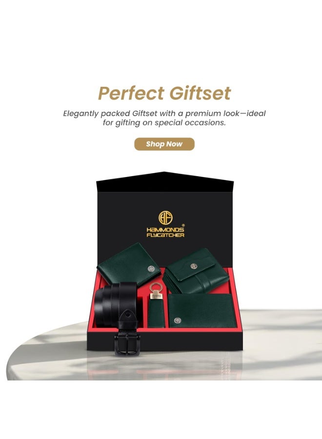 HAMMONDS FLYCATCHER Genuine Leather Premium 5 in 1 Mega Gift Combo Gifts Set for Men & Colleagues - Men's Wallet, Ladies Wallet, Passport Holder, Men's Belt & Keyring - Green - Image 4