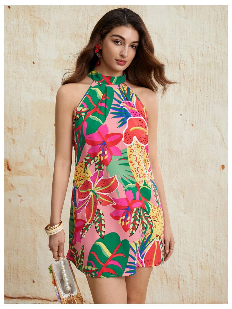 Floerns Women's Sleeveless Floral Print Sundress Halter Neck A Line Short Dress Coarl Pink Small - Image 2