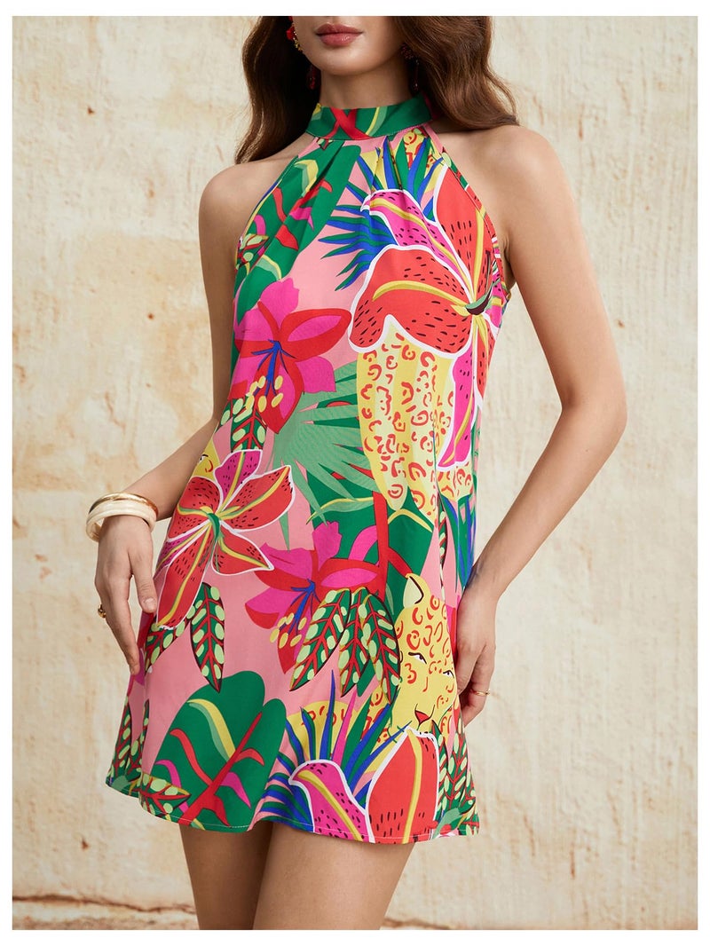 Floerns Women's Sleeveless Floral Print Sundress Halter Neck A Line Short Dress Coarl Pink Small - Image 4