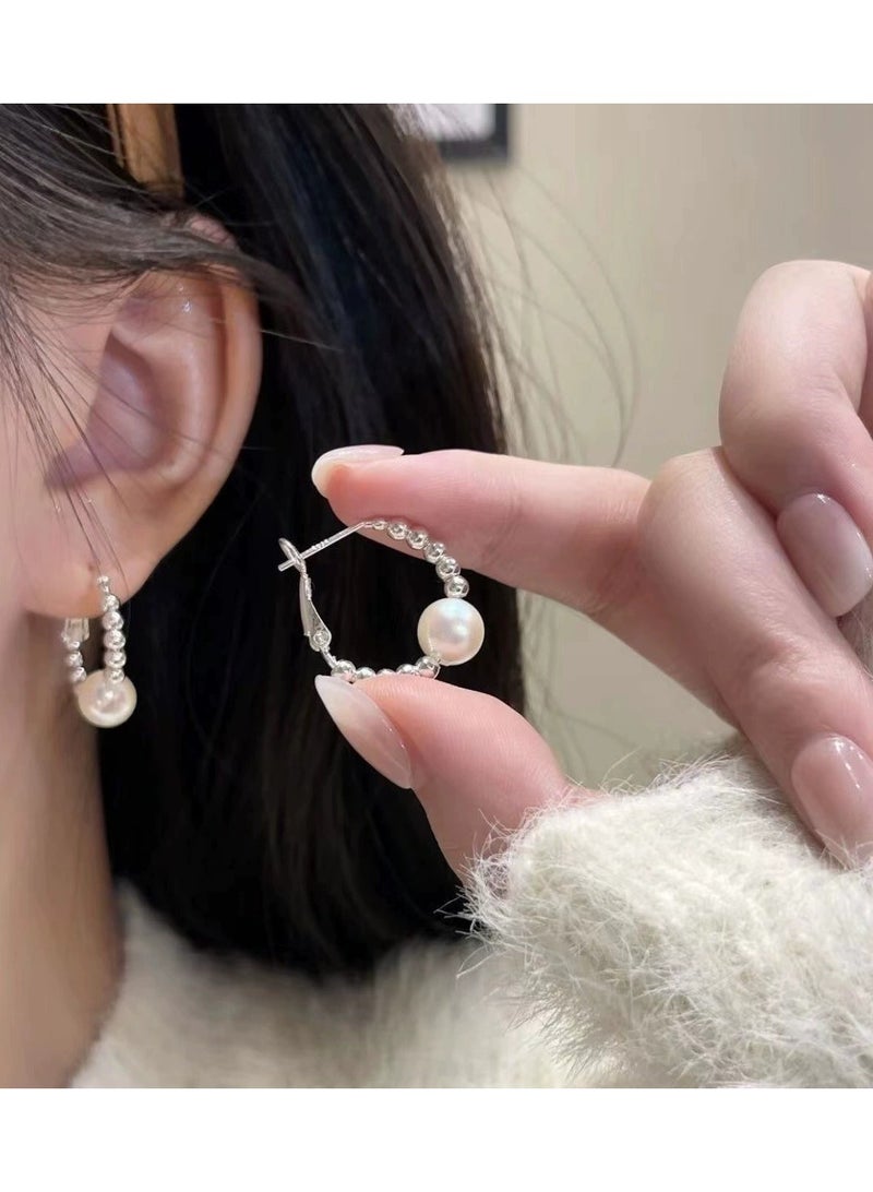 جلوسكي Luxury Pearl  Silver Fragment Hoop Earrings – Elegant Face-Slimming Huggie Hoops, Chic Textured Circle Ear Jewelry - Image 1