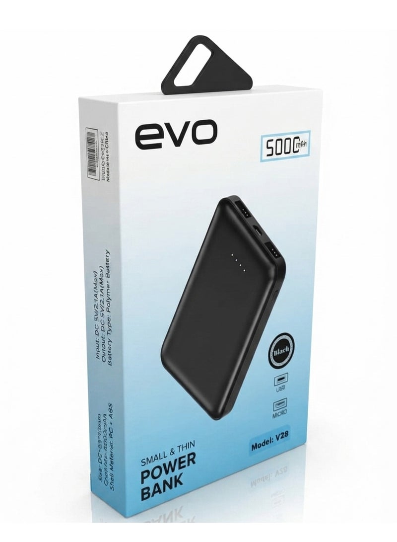EVO V28 5000mAh Portable Power Bank with USB-C Power Delivery, Dual USB Output, Fast Charging External Battery Pack, Compact Travel Charger with LED Battery Indicator, Micro Input for Smartphones, Tablets and USB Devices - Image 2