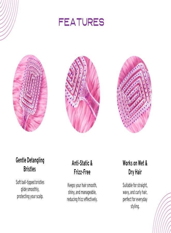 FLASHFOX Rectangle Detangle Hair Brush Purple Glitter | Anti-Static, Lightweight, Paddle Comb for Wet & Dry Hair, Scalp Massage & Styling Brush for Women (Purple) - Image 3