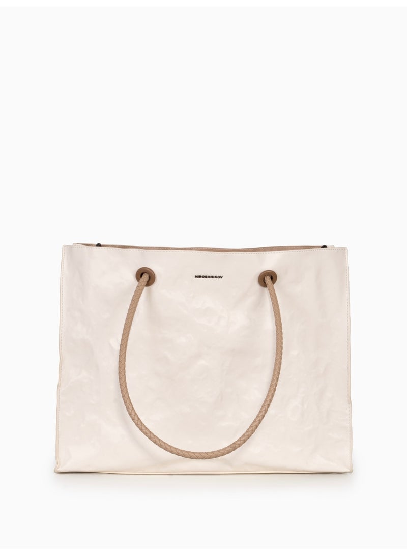 Miroshnikov Women’s Large Shopper Bag for Office & Work, Glossy PU Shoulder Tote, Memory Crinkle Effect, Spacious Lightweight Handbag, No Fastener, 40×31×12 cm - White - Image 1