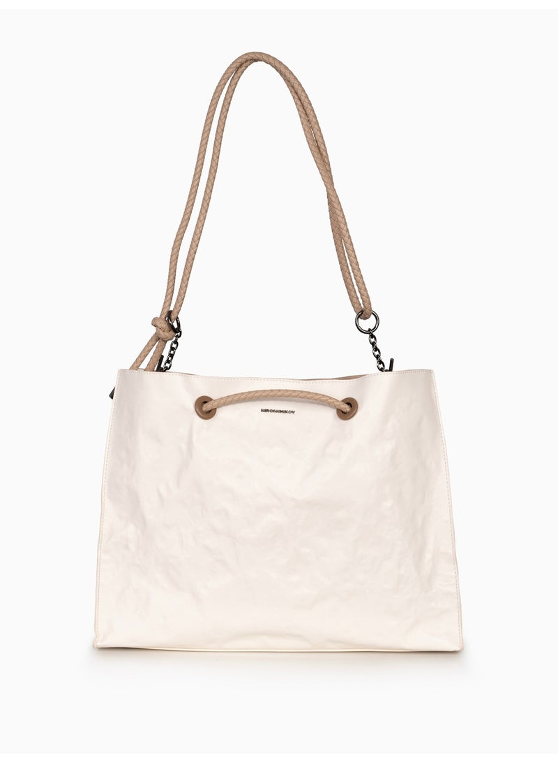 Miroshnikov Women’s Large Shopper Bag for Office & Work, Glossy PU Shoulder Tote, Memory Crinkle Effect, Spacious Lightweight Handbag, No Fastener, 40×31×12 cm - White - Image 3