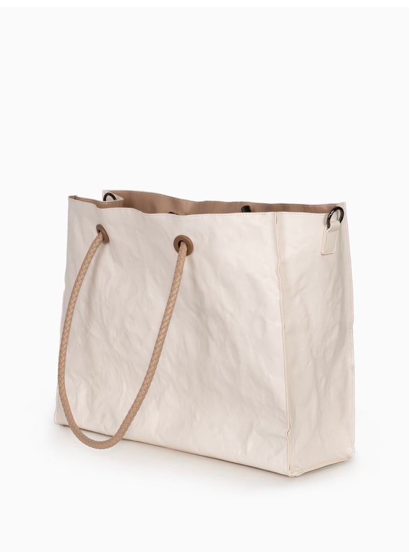 Miroshnikov Women’s Large Shopper Bag for Office & Work, Glossy PU Shoulder Tote, Memory Crinkle Effect, Spacious Lightweight Handbag, No Fastener, 40×31×12 cm - White - Image 4