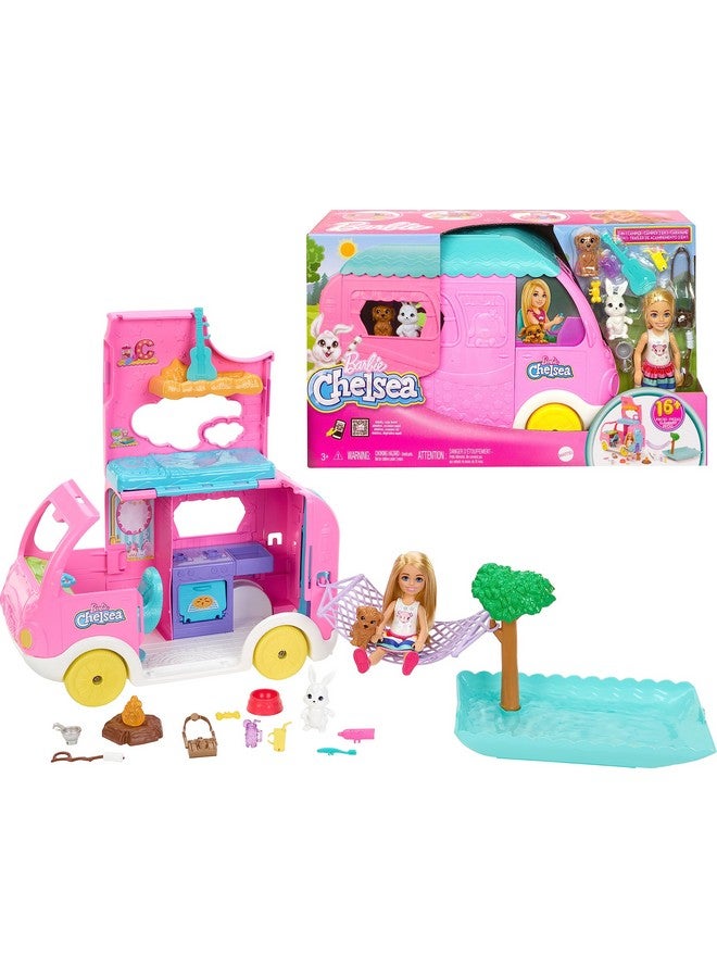 Barbie Camper Chelsea 2In1 Playset With Small Doll 2 Pets & 15 Accessories Vehicle Transforms Into Camp Site - Image 2