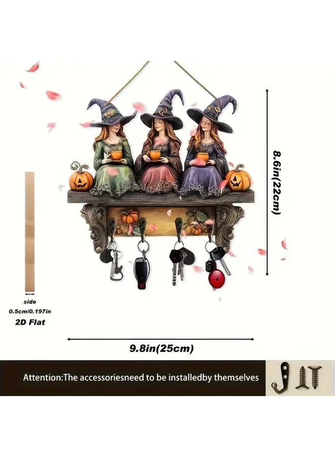 Vintage Boho Wooden Witch Wall Decor With Shelf For Keys Halloween Home Decoration - Image 1