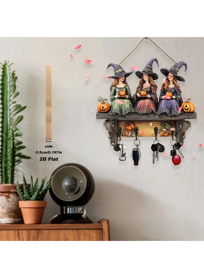 Vintage Boho Wooden Witch Wall Decor With Shelf For Keys Halloween Home Decoration - Image 3