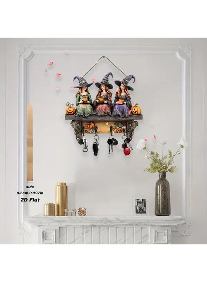 Vintage Boho Wooden Witch Wall Decor With Shelf For Keys Halloween Home Decoration - Image 4