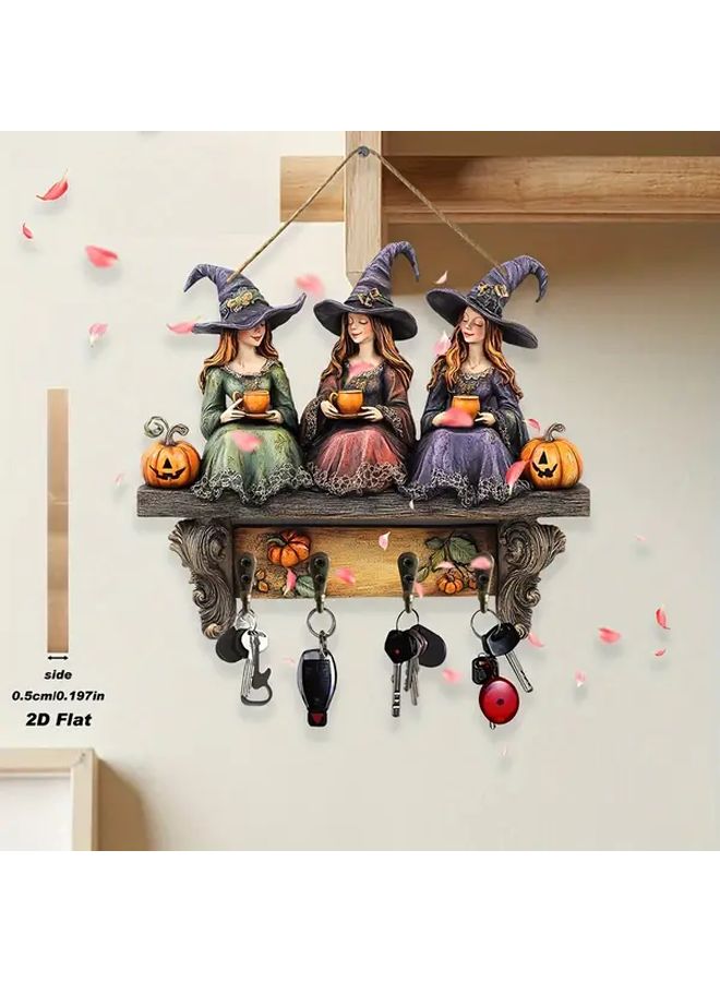 Vintage Boho Wooden Witch Wall Decor With Shelf For Keys Halloween Home Decoration - Image 2