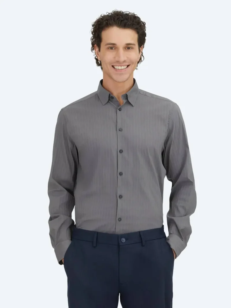 Kip Hard Coal Striped Regular Fit Weaving Sport Cotton Blended Shirt