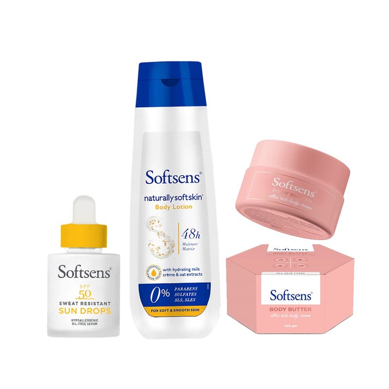Softsens 3Step Skin Repair Kit  Pack of 3  SweatResistant Sun drops SPF 50  Nourishing Body Butter  Naturally Soft Skin Body Lotion  Skin Barrier Repair for dry damaged skin  stretch marks - Image 1