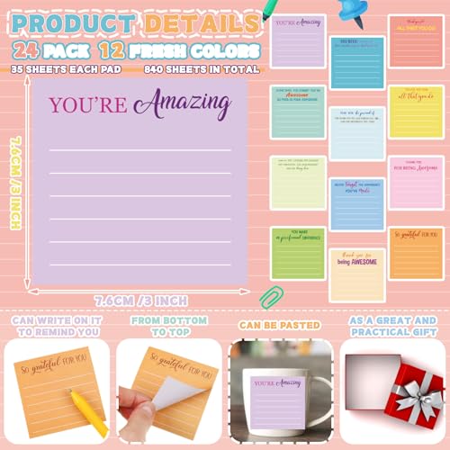 Yinder 24 Pcs Employee Appreciation Sticky Notes Xmas Gift Bulk Motivation Note Pads Mini Inspirational Note Gift for Teacher Nurse Staff Coworker Office Supply 3 x 3'' (Appreciation,Light Color) - Image 2