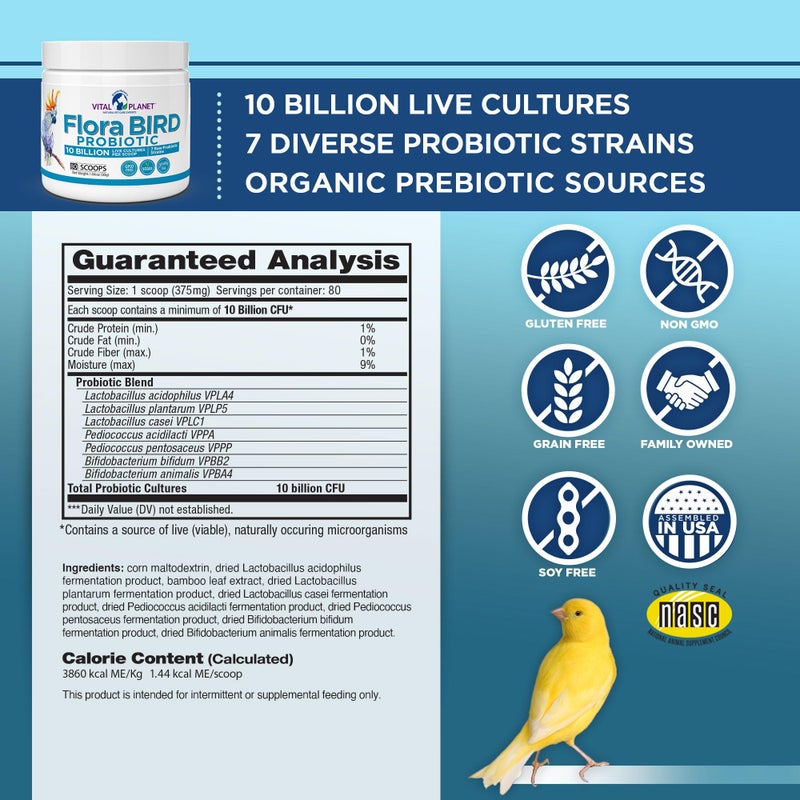 Vital Planet - Flora Bird Probiotic Powder Supplement with 10 Billion Cultures and 7 Diverse Strains, High Potency Probiotics for All Birds for Avian Digestive and Immune Support 80 Scoops 1.06 oz - Image 2