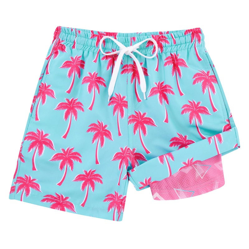 Cozople Teen Boys Palm Tree Swim Trunks Size 14-16 Swimwear Quick Dry UPF50+ Stretchy Compression Lining Bathing Suits Pink Hawaiian Swimsuit with Inner Pocket - Image 1