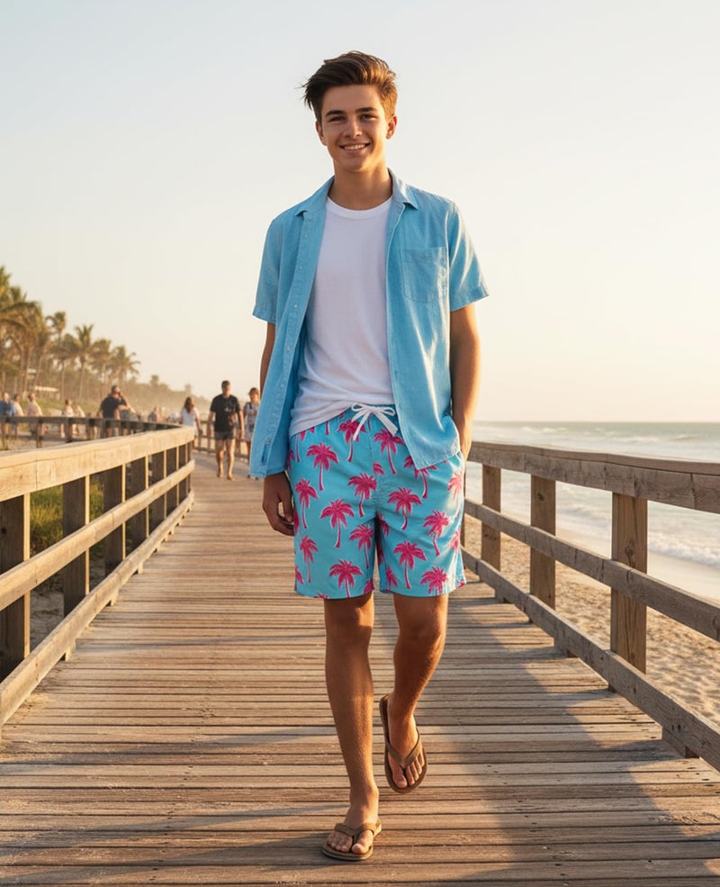 Cozople Teen Boys Palm Tree Swim Trunks Size 14-16 Swimwear Quick Dry UPF50+ Stretchy Compression Lining Bathing Suits Pink Hawaiian Swimsuit with Inner Pocket - Image 4