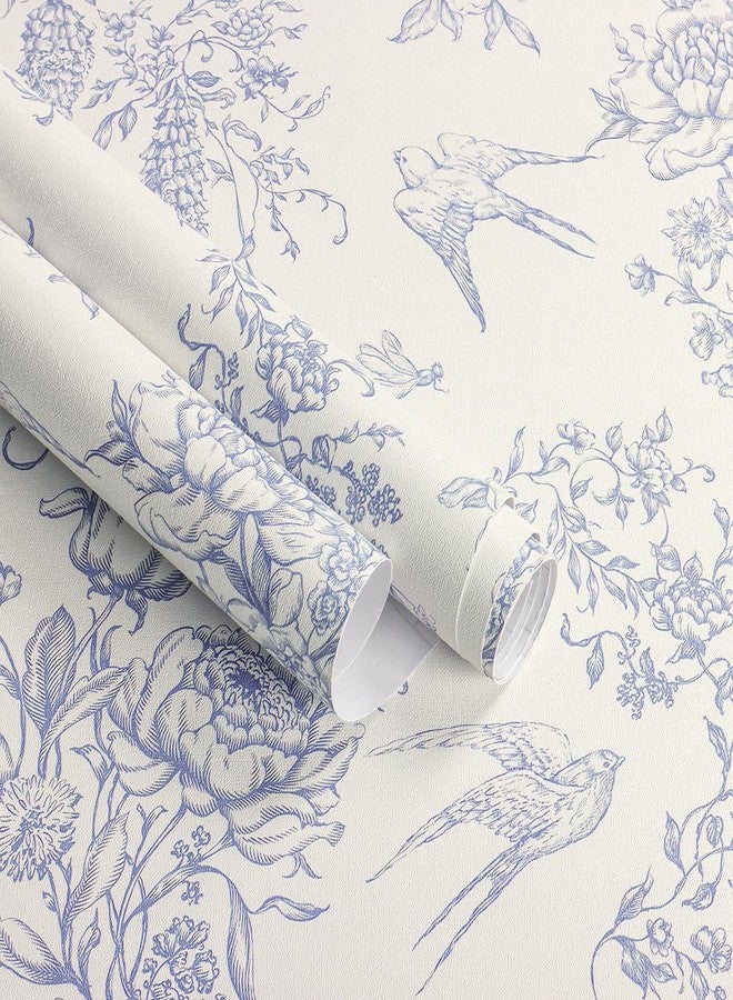 Froluya Blue and Cream White Floral Peel and Stick Wallpaper Vintage Birds Wallpaper 16.9"x118.1" Floral Removable Contact Paper Blue Flowers Self Adhesive Wall Paper for Bathroom Bedroom Decorative - Image 1