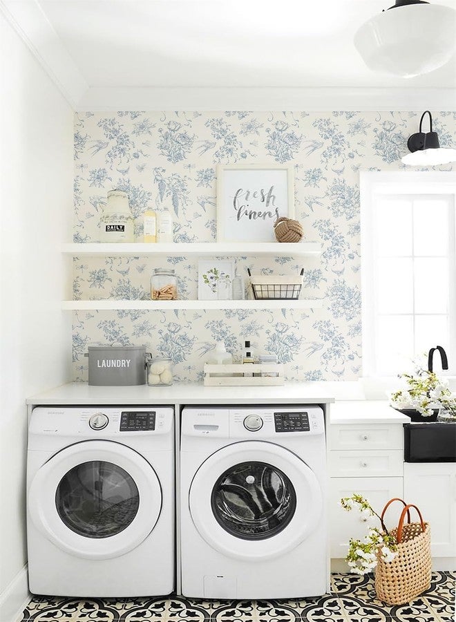 Froluya Blue and Cream White Floral Peel and Stick Wallpaper Vintage Birds Wallpaper 16.9"x118.1" Floral Removable Contact Paper Blue Flowers Self Adhesive Wall Paper for Bathroom Bedroom Decorative - Image 5
