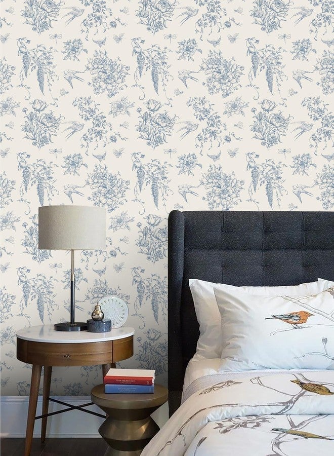 Froluya Blue and Cream White Floral Peel and Stick Wallpaper Vintage Birds Wallpaper 16.9"x118.1" Floral Removable Contact Paper Blue Flowers Self Adhesive Wall Paper for Bathroom Bedroom Decorative - Image 2