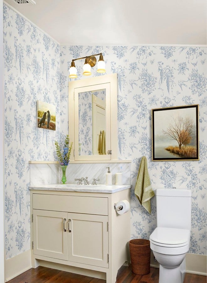 Froluya Blue and Cream White Floral Peel and Stick Wallpaper Vintage Birds Wallpaper 16.9"x118.1" Floral Removable Contact Paper Blue Flowers Self Adhesive Wall Paper for Bathroom Bedroom Decorative - Image 3