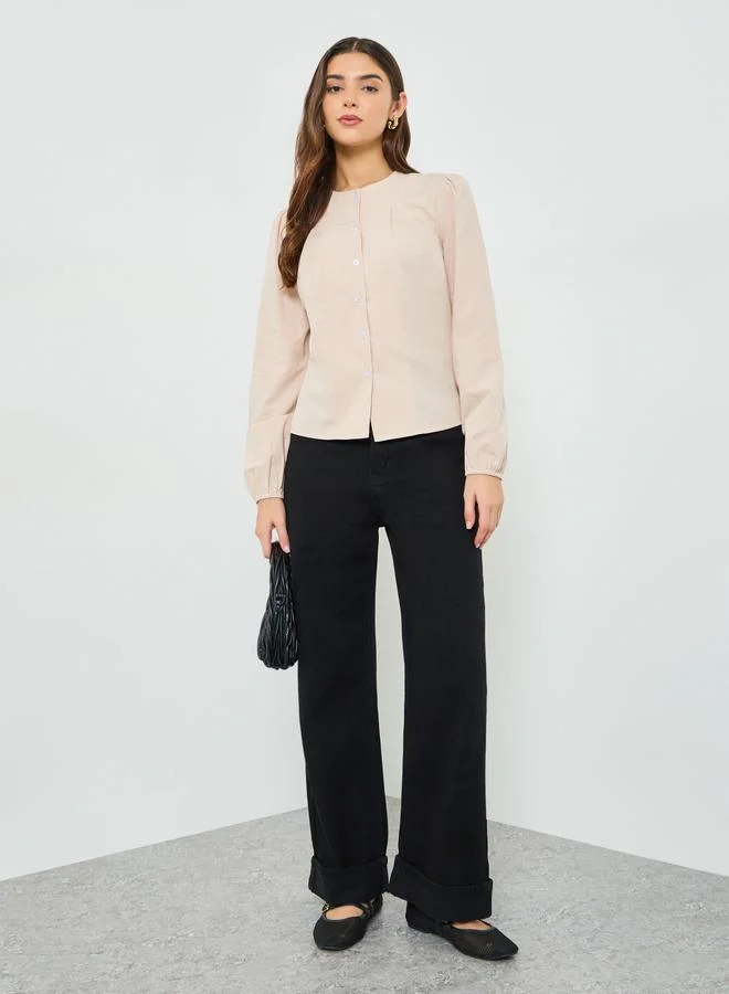 Take Two Beige Button-Front Long Sleeve Top