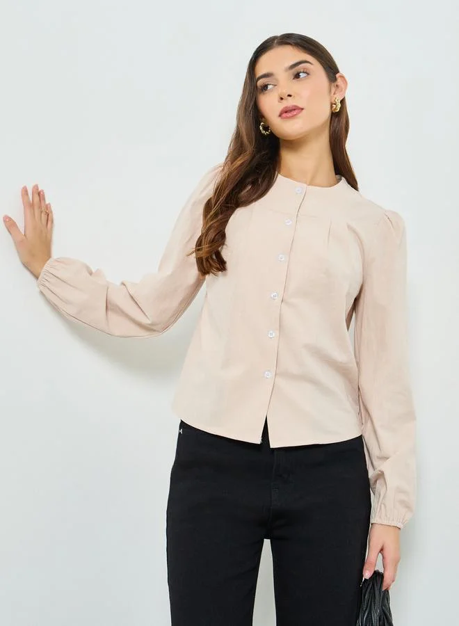 Take Two Beige Button-Front Long Sleeve Top